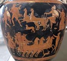 Detail of a Greek red-figure vase.  There are two rows of figures.  On the top row, two men stand to the left; in the centre two leopards pull a chariot which an armoured man in climbing on to; on the right stands a woman, arm outstretched.  On the bottom row, four horses pull a chariot carrying a man and a woman in the centre; a female figure stands to the left, and a male figure stands to the right.