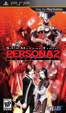 The cover art shows a teenage boy in a black school uniform and a woman in a brown and beige outfit, in front of their Personas – two humanoid, masked creatures. The background shows a cityscape tinted red.