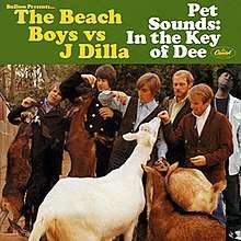 An edited version of The Beach Boys's Pet Sounds album cover. The Beach Boys are at the zoo, feeding apples to goats, while J Dilla stands behind them. The header reads "Bullion Presents... The Beach Boys vs J Dilla" and "Pet Sounds: In the Key of Dee".