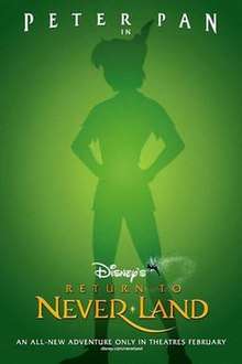 A silhouette of Peter Pan was shown in a green background casting a glow.