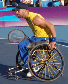 Peter Vikstrom playing during the London 2012 Paralympic Men's Doubles semifinal.