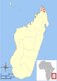 Map of Madagascar showing highlighted covering three small areas at the northeastern corner of the island