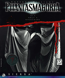 The cover art with "Roberta Williams" on the top, "Phantasmagoria" underneath with tagline "Pray it's only a nightmare". A statue is seen at the bottom half of the cover art.