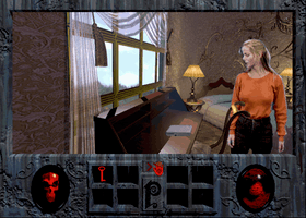 Still from the game with Adrienne Delaney looking at a desk. The games interface is seen at the bottom of the screen.