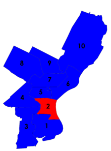 Map of Philadelphia showing city council districts