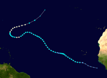 Storm track of a hurricane in the Eastern Atlantic