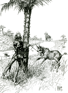 A black-and-white political cartoon.  Uncle Sam (representing the United States) gets entangled with rope around a tree labeled "Imperialism" while trying to subdue a bucking colt or mule labeled "Philippines" while a figure representing Spain walks off over the horizon.