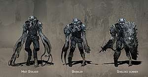 Concept art showing three versions of a humanoid alien that has undergone mutations from Mist Stalker to Brawler to Shielded Gunner