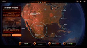 Promotional screenshot of the prototype version of Phoenix Point's Geoscape indicating that a city-sized land-walking Behemoth is detected.