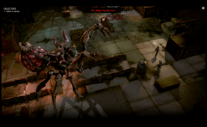 Screenshot of the prototype tactical mission showing two Phoenix Point soldiers facing off against a giant boss monster, the Crab Queen.