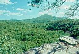 View from a flat rock across a forest to several wooded mountain peaks