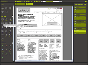 Screenshot of Pidoco Usability Suite showing how wireframe prototypes are edited using drag and drop handling