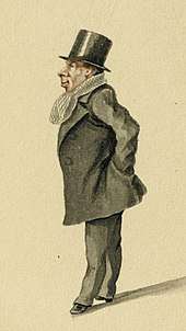 caricature of clean-shaven white man in overcoat and top hat, in left profile