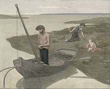 Painting of a man standing in a boat on a rivershore