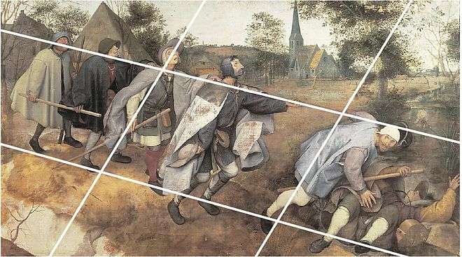 A painting of six blind men stumbling; a diagonal grid overlays the image