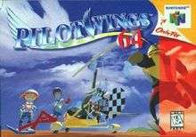 The image shows a stylized title displaying "Pilotwings 64" in blue and red text. Two characters pose on the far left beside a yellow and checkerboard-colored autogyro. A third character is running from the right side of the foreground toward the others. On the right are the logos "Only for Nintendo 64" under a peeled away portion of the image and "K–A ESRB" set within a red tint.