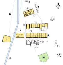 A map of the Sanctuary of Zeus at Nemea. The Heroon lies at the bottom-left corner at location 7 and is polygonal in shape. Other structures indicated in this map include the Temple of Zeus, the Altar of Zeus, the treasuries, the Xenon, the Hestiatorion, the Baths, the East House, the North House, the Archaic Stadium, other houses, the Early Christian Basilica Church, the river in Early Christian times, and the modern Archaeological Museum.