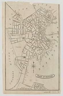 1813 map of Boston by Edward Cotton.  The image is black and white, and shows the peninsula of Boston and its irregular streets, with the Charles River to the north and west, and Boston Harbor to the east.