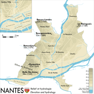Map showing the elevation and rivers in Nantes