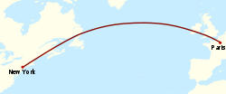 A simplified map of the northern Atlantic, showing a curved great circle route from Paris to New York