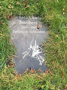 Marble stone reading Leonard Charles Smithers 1861-1907 Publisher to the Decadents, with an image of a ridden pegasus