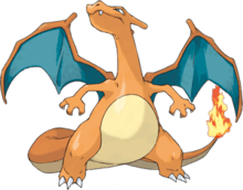 A bidepal orange firstly dragon with a cream underbelly stands facing the viewer. Its wing membranes are colored blue and it has a small fire on the tip of its tail. Its head is turned to the left and it is looking up toward the sky.