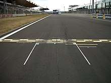 starting box on racetrack, with checkered starting and finishing line in front