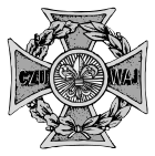 A Maltese cross with a wreath, the left half of oak and the right half of laurel leaves.; a circle at the center with rays like the sun and the Scouting fleur-de-lis; the arms bear C Z U and W A J— czuwaj is Polish for watch, the Polish Scout motto.