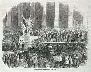 Woodcut of Polk taking the oath on the East Portico of the Capitol, with a crowd of people looking on.