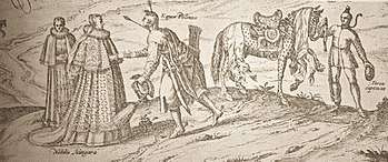 Late-16th-century etching of a Polish cavalryman, his horse, a Turkish captive and two Hungarian noblewomen