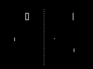 Pong video game screenshot that is a stylized representation of a game of table tennis.