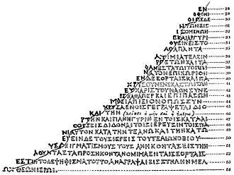 "Illustration depicting the rounded-off lower-right edge of the Rosetta Stone, showing Richard Porson's suggested reconstruction of the missing Greek text"
