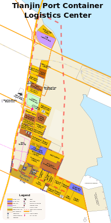 map of a long, north to south container park with an asymmetrical grid of roads, and three dozen or so container and cargo yards marked out