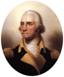 Color painting of a white-haired George Washington in a dark blue military uniform with gold epaulettes and white collar