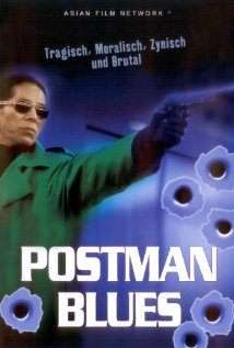 A man is holding a pistol in his left hand and 6 gunshots are seen in the forefront with the words Postman Blues in white color in front of the man