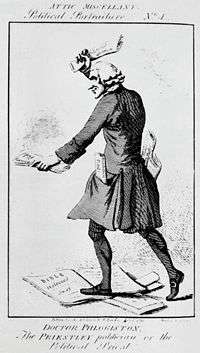 Caricature of man in frock coat and wig trampling on sacred documents and burning others.