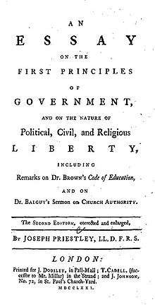 Page reads: "An Essay on the First Principles of Government, and on the Nature of Political, Civil, and Religious Liberty, including Remarks on Dr. Brown's Code of Education, and on Br. Balguy's Sermon on Church Authority. The Second Edition, corrected and enlarged, by Joseph Priestley, LL.D. F.R.S. London: Printed for J. Dodsley, in Pall-Mall; T. Cadell, (successor to Mr. Millar) in the Strand; and J. Johnson, No. 72 in St. Paul's Church-Yard. MDCCLXXI."