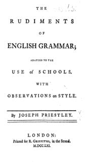 Page reads: "The Rudiments of English Grammar; Adapted to the Use of Schools, with Observations on Style. By Joseph Priestley. London: Printed for R. Griffiths, in the Strand. M.DCC.LXI."