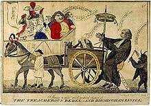 Caricature of a horse pulling a wagon with a man attached and being whipped by a devil. Onlookers jeer.