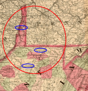 Old map of western Virginia with important recruiting areas circled