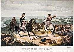 Coloured engraving depicting 3 uniformed men on horseback on a hilltop with dead bodies strewn about and one uniformed man pointing to the valley below in which half-naked warriors are fleeing before a line of uniformed and mounted troops