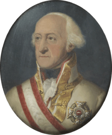 Painting of a white-haired man with a receding hairline. He wears a white military uniform with gold braid on the collar while his chest is adorned with a large silver award and a red and white sash.