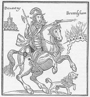 The picture centres on Rupert riding a horse, with his pet dog beneath him. Rupert is holding a small pike and firing a pistol, and is clad in armour. On the left is a small representation of the town of Daventry; on the right a depiction of Birmingham, ablaze.