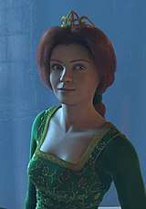 Computer-generated image of a young woman with long, red hair tied back into a braid; she is turned towards the camera sideways, wearing a green dress with gold trim.  A gold tiara rests atop her head.