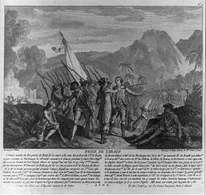 Text about the French attack on Tobago in 1781 together with a French painting from 1784.