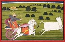 A warrior king in a chariot aiming an arrow at a fleeing white cow