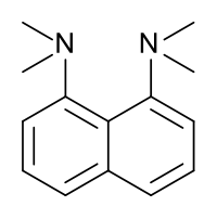 Proton sponge is a derivative of naphthalene with dimethylamino groups in the one and ten positions. This brings the two dimethyl amino groups into close proximity to each other.