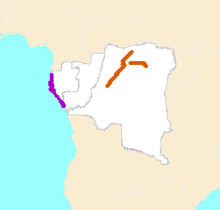 Map of west Central Africa showing highlighted range with year round range in western Gabon and Republic of the Congo and breeding range in a small portion of DRC