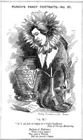 A hand-drawn cartoon of Wilde, he face depicted in a wilted sunflower standing in a vase. His face is sad and inclined towards a letter on the floor. A larger china vase, inscribed "Waste..." is placed behind him, and an open cigarette case to his left.