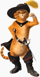 A fictional cat wearing boots, a feathered hat, and a cape while wielding a sword